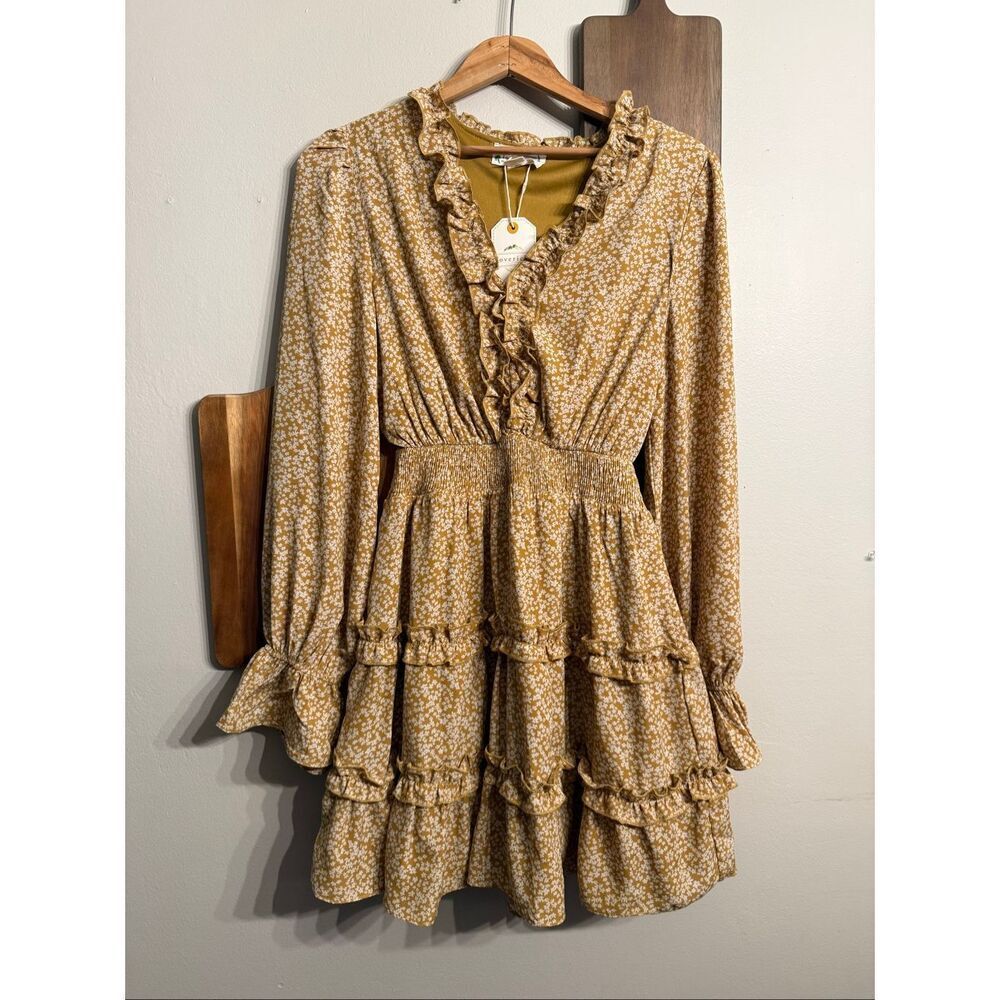 Loveriche Mustard Floral Long Sleeve V-Neck Smocked Ruffle Mini Dress Small NWT